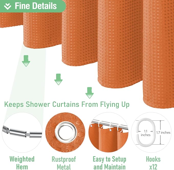 Dynamene Extra Long Shower Curtain - 84 Inch Long Waffle Weave Heavy Duty Fabric Bathroom Shower Curtain, Neutral Weighted Hotel Thick Bath Curtain Set with 12 Plastic Hooks,72x84, Burnt Orange