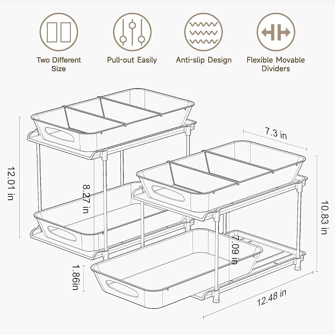 Sevenblue Under Sink Organizer, Bathroom Organizers and Storage, 2 Tier Multi-Use Pull Out Cabinet Organizer with Hang Hooks and Cups (transparent, 2 Pack)