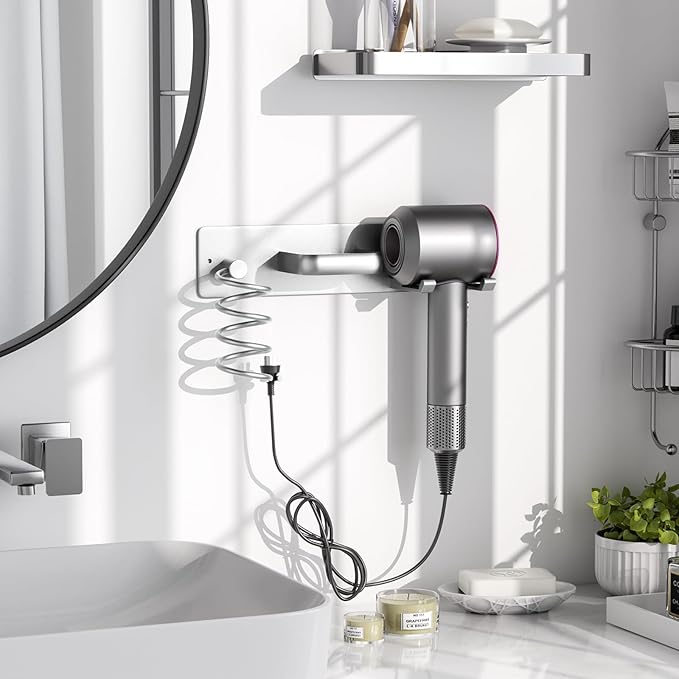 Tindbea Hair Dryer Holder Wall Mount Aluminum Alloy Hot Tools Organizer | Heavy Duty, Silver