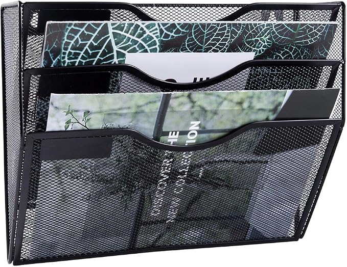 EASEPRES 3 Pocket Mesh Hanging Wall File Organizer, Wall Mounted Mail Paper Document Folder Holder, Clipboard Storage Organization Magazine Rack with Nametag Label for Office Home School, Black