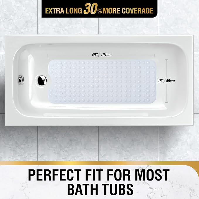 HITSLAM Bath Mat for Tub, Non Slip Bathtub Mat, 40 x 16 Inch Extra Long Bath Tub Mat, Machine Washable Bathroom Shower Mat with Suction Cups and Drain Holes, Soft on Feet, White