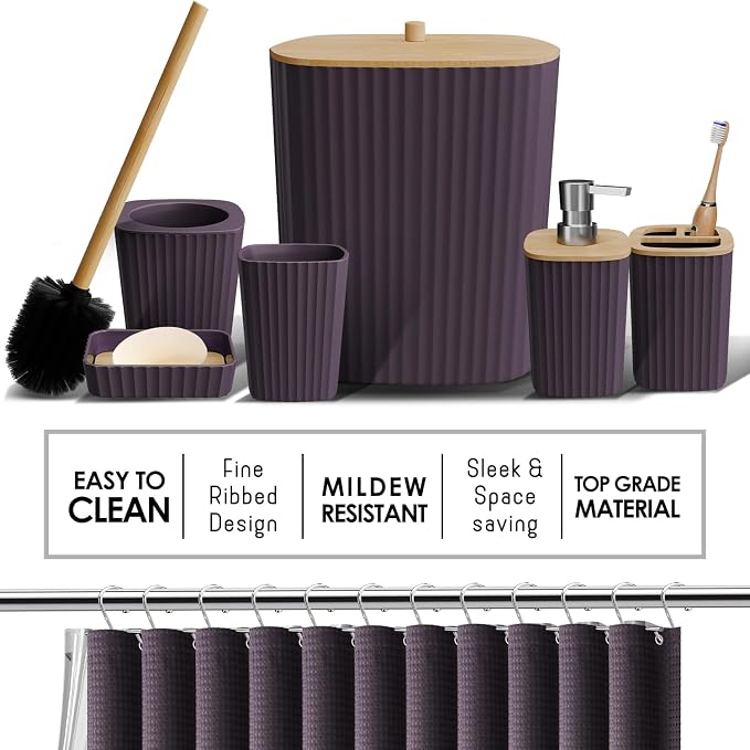 Clara Clark Bathroom Accessories Set - Bathroom Set, Bathroom Accessory Set, Shower Curtain Set, Toilet Brush, Trash Can & Soap Dispenser - Purple - 20PC