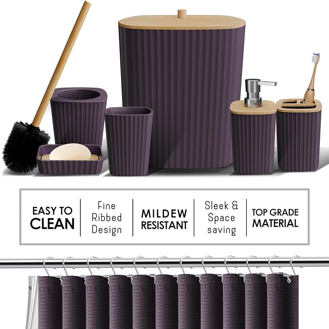 Clara Clark Bathroom Accessories Set - 27PC Bathroom Set with Adhesive Corner Shower Caddy Hanging, Bathroom Sets with Shower Curtain and Rugs, Purple Shower Curtain Set with Bathroom Trash Can