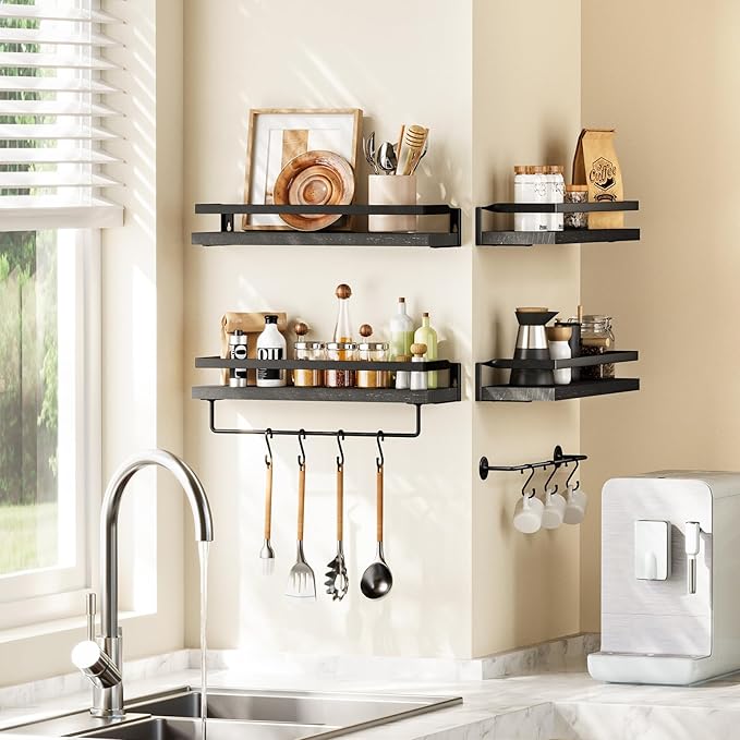 AMADA HOMEFURNISHING Bathroom Shelves with Towel Bar, Floating Shelves, Wall Shelves for Bathroom/Living Room/Kitchen/Bedroom, Black, Set of 2 - AMFS01B