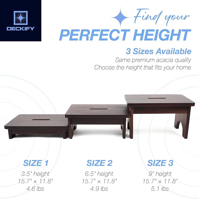 Wooden Step Stool for Adults, Small Acacia Wood Stepping Stool, Non-Slip 1-Step Bedside Stool for Bed & Bathroom, 600 lbs, Portable — 6.5 Inch