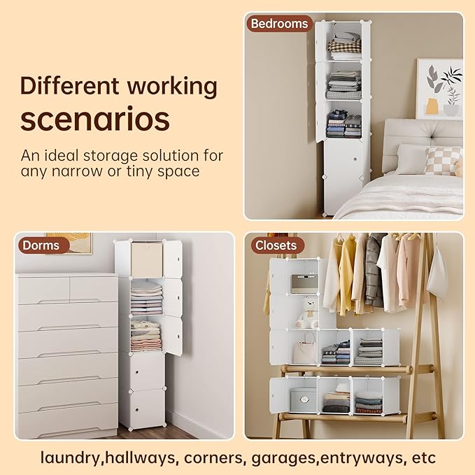 MAGINELS 5 Cube Storage Cabinet, Narrow Clothes Storage with Doors,Tall Plastic Standing Organizer Shelves for Small Spaces,Use to Closet,Bedroom,Livingroom,White(11.8x11.8inch)