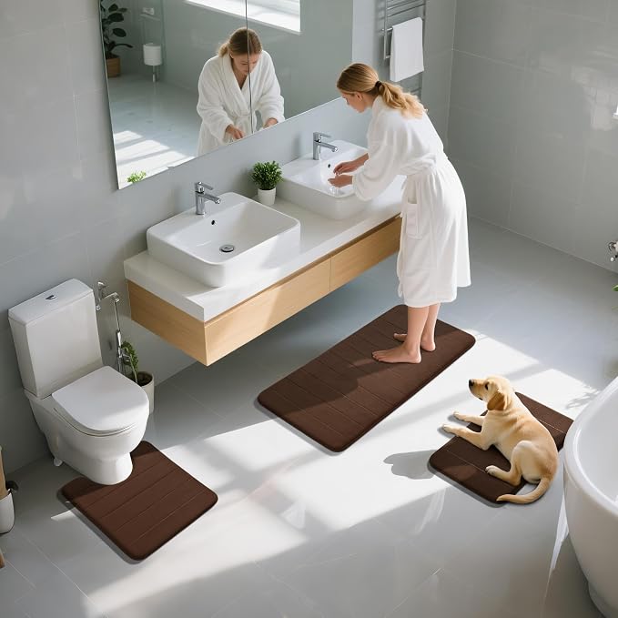 Yimobra 3 Pieces Memory Foam Bath Mat Set with U-Shaped Toilet Rug - Non Slip Super Soft Absorbent Quick Dry Bathroom Rugs for Bathtub, Vanity & Toilet Base, Brown