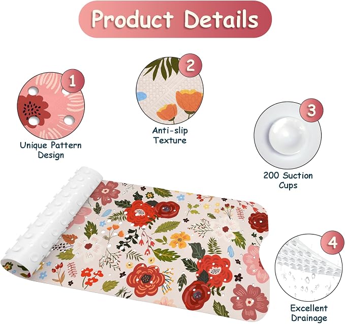 Bathtub Mat Non Slip, Bohemia Extra Long Bath tub Mat Shower Floor Mat with Suction Cups and Drain Holes for Adults Kids Elderly 40 X 16 Inch