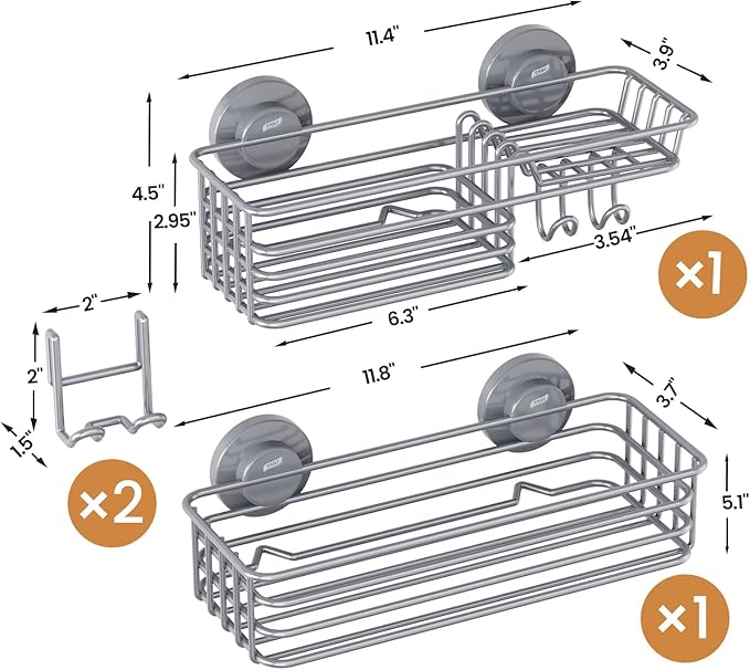 LEVERLOC Shower Caddy Suction Cup, 2 Pack Shelves for Inside with Hooks and Soap Organizer, NO-Drilling Bathroom Shelves, Rustproof Meatl Bathroom Holder, Grey
