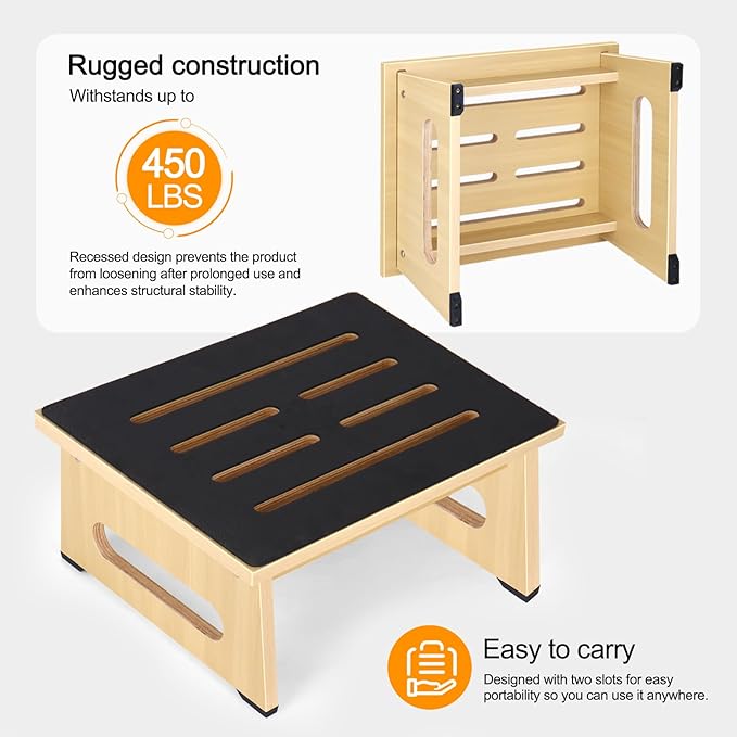 One Step Stool with Non-Slip Rubber Stepping Feet, Heavy Duty Wooden Step Stools, 450 LB Portable Bed Steps for High Beds for Bathroom, Bedroom, Kitchen & Bedside Support