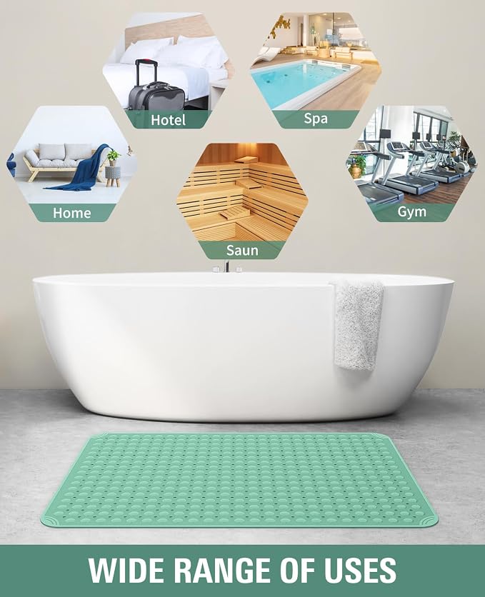 Yolife Extra Large TPE Shower Mat, 47.2" L x 31.5" W Anti Slip Bath Mat with Drain Holes and Suction Cups, Large Size Mat More Suitable for Shower Stall, No Odor, Heavy Mat (Green, 47.2" x 31.5")