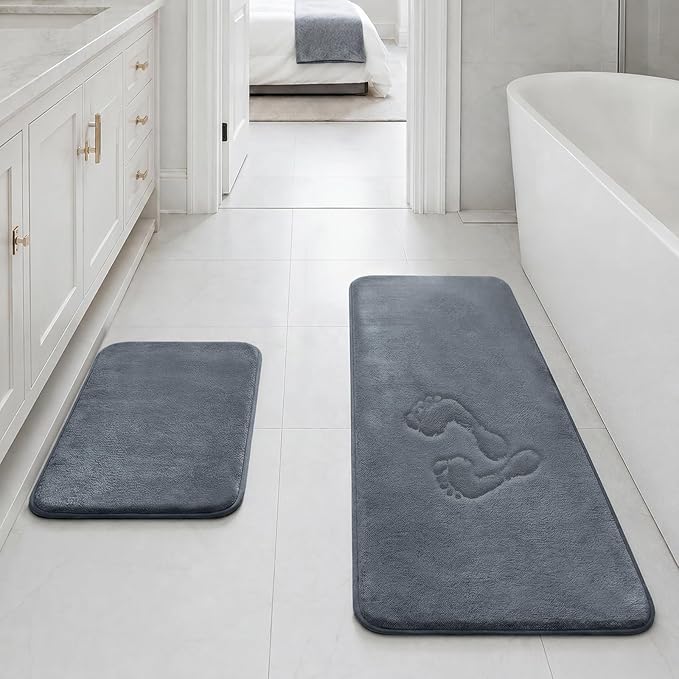 HUXMEYSON Bathroom Rugs Sets 2 Piece, Non-Slip & Quick Dry Bath Mat Set, Ultra Soft Velvet Bath Rugs for Bathroom, Toilet and Shower Floor, Grey