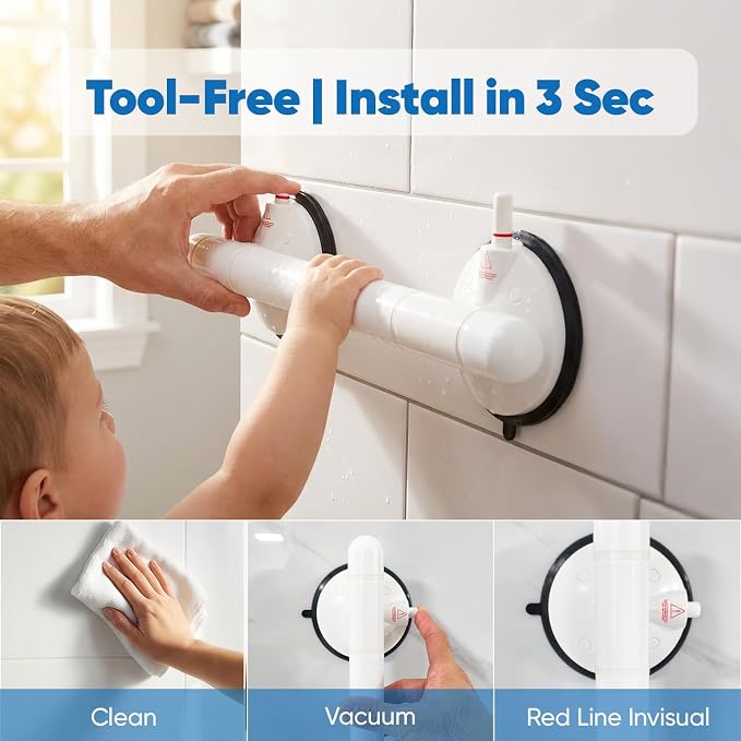 Suction Grab Bars for Shower,18.3 Inch 350 LBS Weight Support Shower Handles with Safety Indicator, Grab Bars for Seniors and Elderly, No Drilling Removable Bathtub Grip, 2 Pack, White