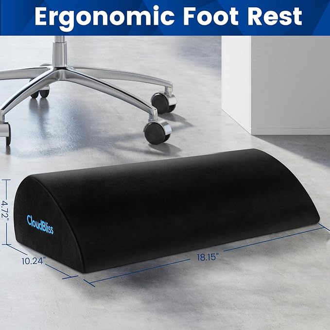 CloudBliss Foot Rest for Under Desk at Work,Office Desk Accessories with Soft Foam and Washable Removable Cover, Foot Stool for Office, Car, Home to Foot Support and Relax Ankles, Black, Long