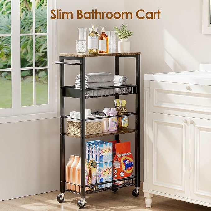 Slim Storage Rolling Cart, 4 Tier Narrow Cart with Wheels, Metal Kitchen Rolling Cart for Small Spaces, Slide Out Storage Shelves for Kitchen, Laundry Room, Bathroom, Living Room, 9.1in(W)