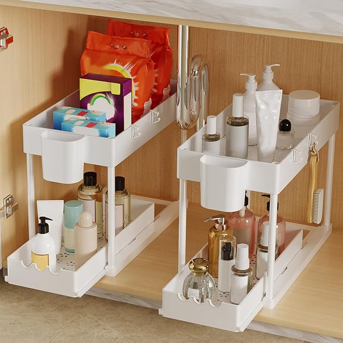 2 Pack Under Sink Organizers and Storage, 2-Tier Sliding Cabinet Organizer Drawer for Bathroom and Kitchen – Multi-Purpose Cabinet Organizer with Easy Pull-Out Design (White)