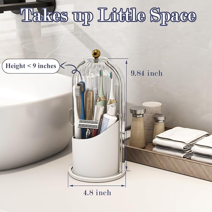 Toothbrush and Toothpaste Holders with Cover, Transparent | Waterproof and Dustproof, 360° Rotating Base, Smooth Sliding Door, 3 Slots, for Bathroom Countertop
