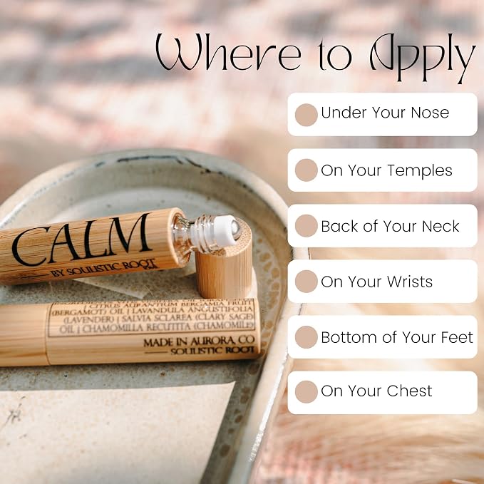 Soulistic Root Calm Essential Oil Roller, Calm Essential Oil Roll On Blend, 10ml Glass Roller- Stress Relief, Essential Oil Blends, Aromatherapy Self Care Products for Women