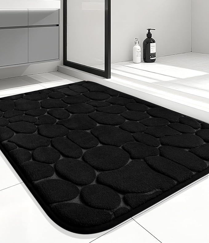 YIHOUSE Bathroom Mat Rug, Memory Foam Bath Mat, Non-Slip Bathroom Floor Mats, Cobblestone Bath Mats Absorbent Bath Rugs Washable Quick Dry (17x24,Black)