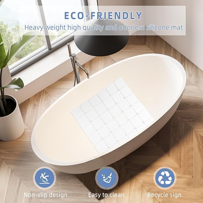 Shower Mat Non Slip 21"x21" Silicone Foldable Bath Mat with Suction Cups & Drain Holes, Odorless, Eco-Friendly & Durable, Machine Washable Shower Stall Mat for Adults, Seniors White