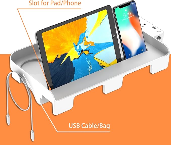 Hiree Bedside Shelf for Dorm Bunk Bed with USB Charging Port and 2 AC Outlets, Bedside Caddy, Bunk Bed Extender, Attachable Bedside Table, College Dorm Essential Clip On Bedside Tray, Plus Size, White