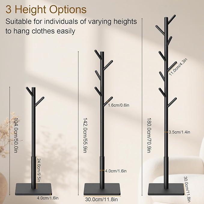 Coat Rack Freestanding with Stable Square Base for Cloathes, Hat, Used in Bedroom, Office and Entryway, Sturdy and Easy Assembly Coat Tree with 3 Adjustable Sizes and 8 Hooks, Black