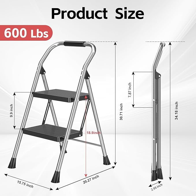 DIAMONDFORGE 2 Step Ladder Foldable Folding Stool - for Home Adults Kitchen, Iron, Black, Extension Tall Heavy Duty with Handrails - Closet Stepstool Extendable Stepladder for Indoor House 600 lbs
