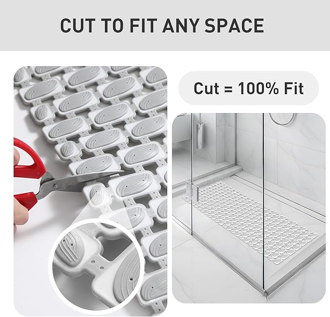 XIYUNTE Shower Mat Non Slip Bathtub Mat - 36 x 16Inches Soft Rubber Bath Mat for Tub Non Slip Bath Mat with Suction Cups and Drain Holes, Easy to Clean, Easy to Cut, Eco-Friendly, Grey