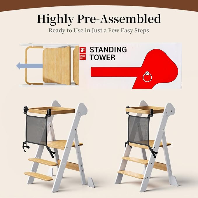 COSYLAND Foldable Standing Tower – IF Design Awarded Toddler Kitchen Step Stool with Safety Net & Large Side Support Legs– Height Adjustable Toddler Learning Helper Stool (White & Natural)-Foldi