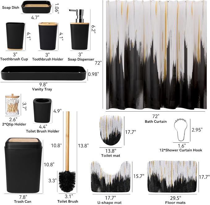 XLHOMO Black Bathroom Accessories Set - 24PCS Bathroom Sets with Shower Curtain and Rugs,Waterproof Black and White Shower Curtain Set, Toilet Brush, Trash Can & Soap Dispenser