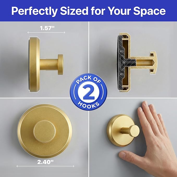HOME SO Suction Cup Hooks for Shower & Bathroom Towel Holder 2-Pack – Suction Cups Hooks for Hanging Towels, Robes, & Coats - Tiles, Glass Door or Mirror – Shower Hooks & Towel Hooks Organizer - Gold