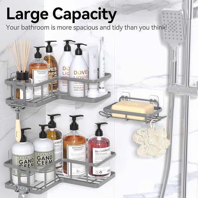 YASONIC Corner Shower Caddy Adhesive, 100% Rustproof Shower Organizer with Soap Holder, No Drill Shower Shelf for Inside Shower, Wall-Mounted Shower Storage for Homes (3 Pack, Grey)
