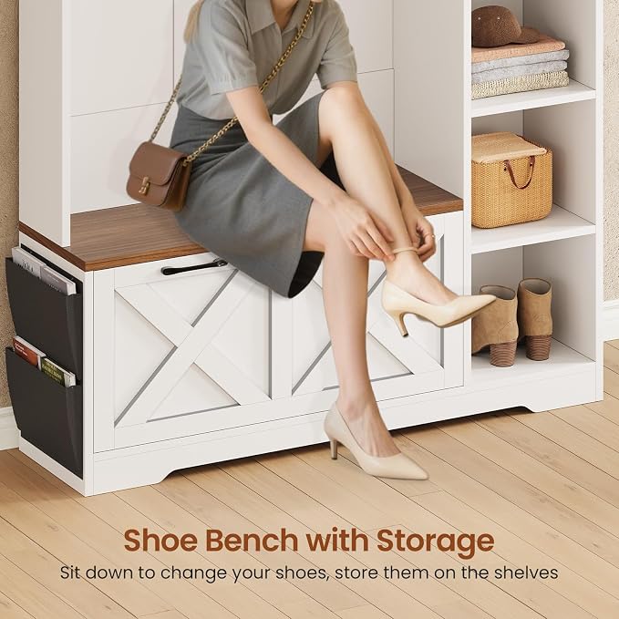 Itaar Hall Tree with Bench and Shoe Storage, Farmhouse Entryway Bench with Coat Rack, Shoe Cabinet with Flip Drawers, 7 Shelves, 10 Coat Hooks, Storage Bag, Led Lights, White
