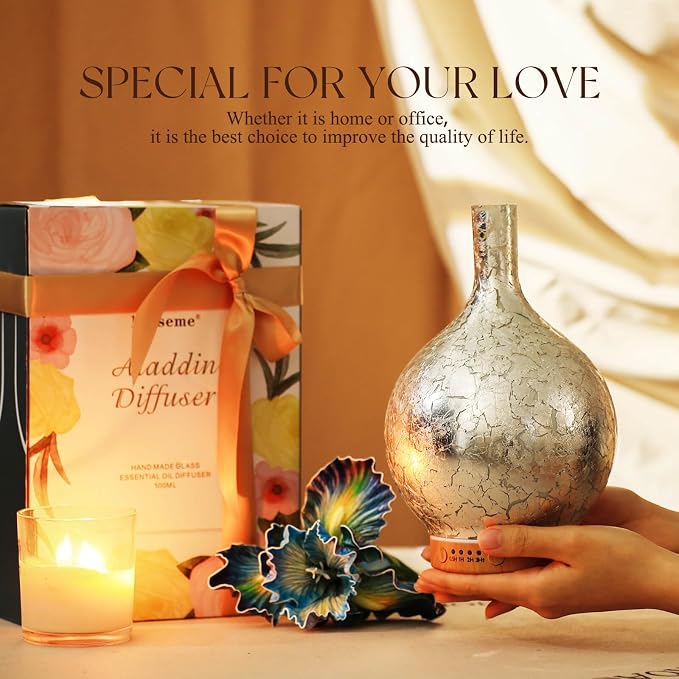 Porseme Silver Plated Essential Oil Diffuser Glass Aromatherapy Ultrasonic Humidifier Cool Mist, Auto Shut-Off,Timer Setting, BPA Free for Home Hotel Yoga Leisure SPA Office Premium Gift 150ml