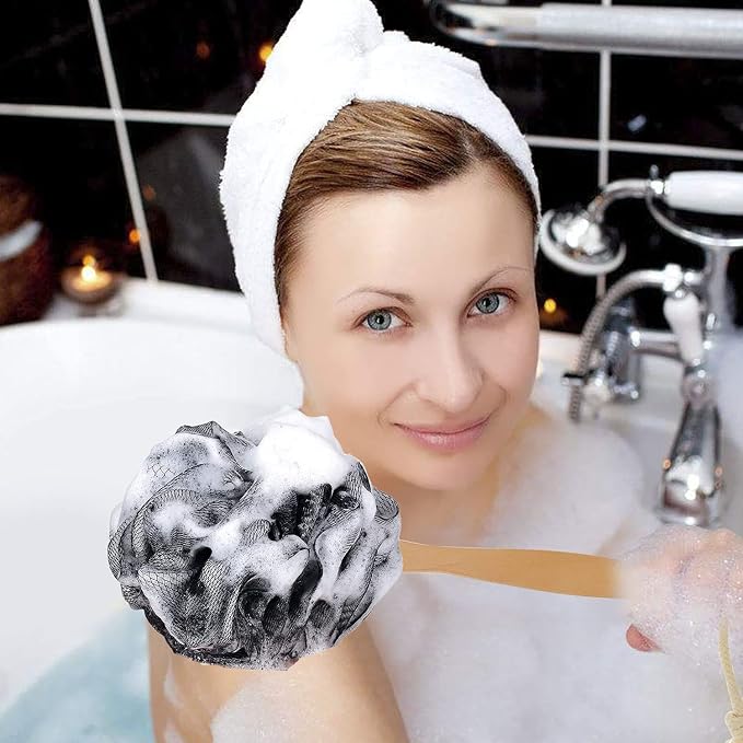 Loofah with Handle - Back Scrubber & Exfoliating Shower Sponge, PE Soft Mesh on a Wooden Stick for Men and Women(Black)
