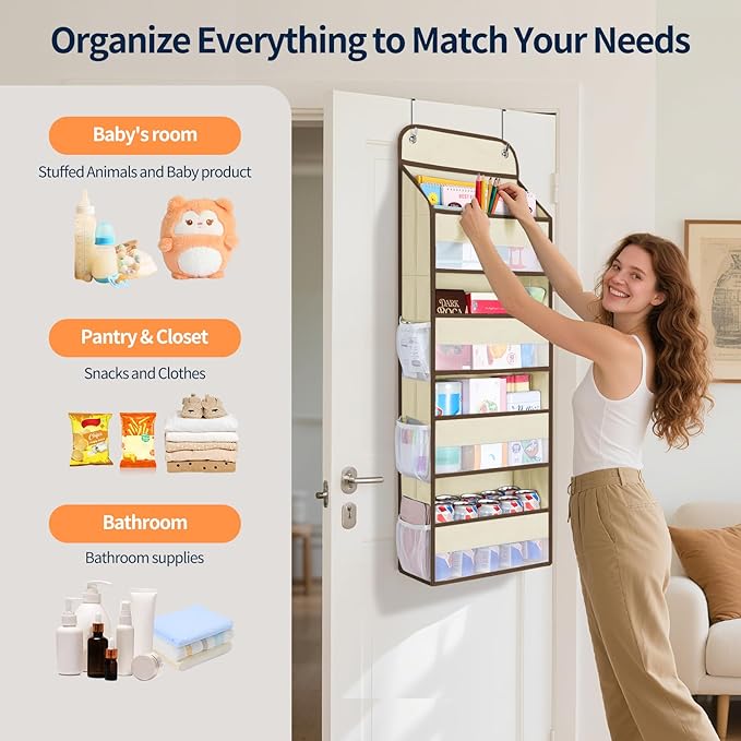 Yecaye Over The Door Organizer, Heavy Duty Hanging Organizers and Storage with 4 Large Capacity Pockets, Swing-Proof Behind The Door Storage for Bathroom Nursery Bedroom Dorm Closet, Beige,1Pc