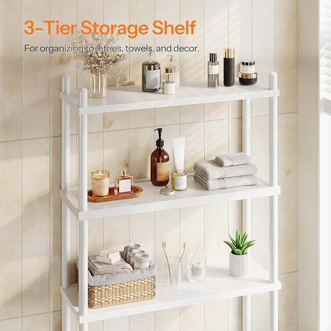HOOBRO Over the Toilet Storage, 3-Tier Over Toilet Bathroom Organizer, Freestanding Above Toilet Shelf with Adjustable Feet, Space Saving, Easy Assembly, White WW63TS01