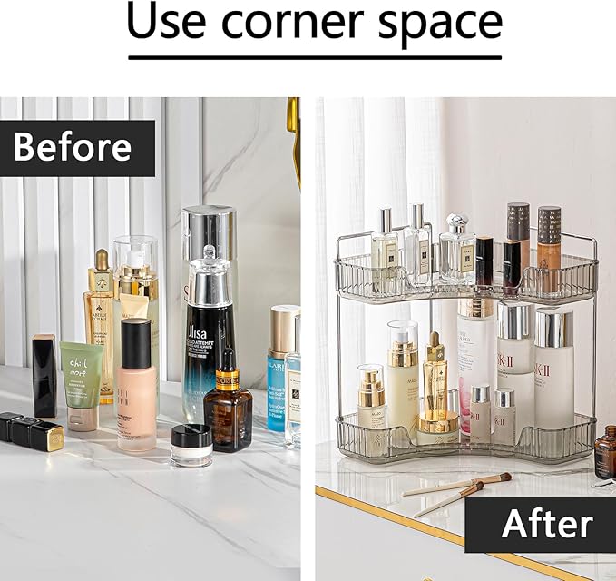 shuang qing 2-Tier Corner Bathroom Counter Organizer – Classic Storage Shelf for Makeup, Perfume & Toiletries, Space-Saving Countertop Tray Fits Bathroom, Dresser, Kitchen (Slate Gray)
