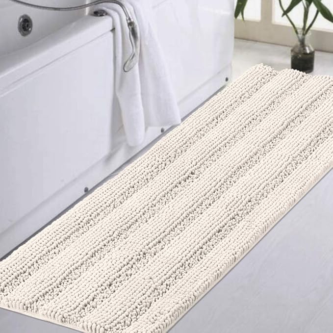 Turquoize Non Slip Shaggy Chenille Microfibers Bathroom Rug Bath Room Mat Extra Long Bath Rug 47 x 17 Kitchen Rugs and Mats, Super Water Absorbent & Soft Washable Bath Rug for Bathroom, Ivory