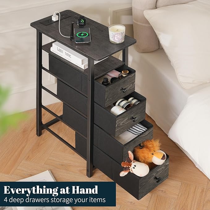 Yoobure LED Narrow Nightstand with Charging Station - Slim Dresser for Bedroom Narrow Side Table Storage Cabinet, Small Dressers Chest of Drawers, Tall Skinny Night Stand End Table for Small Spaces