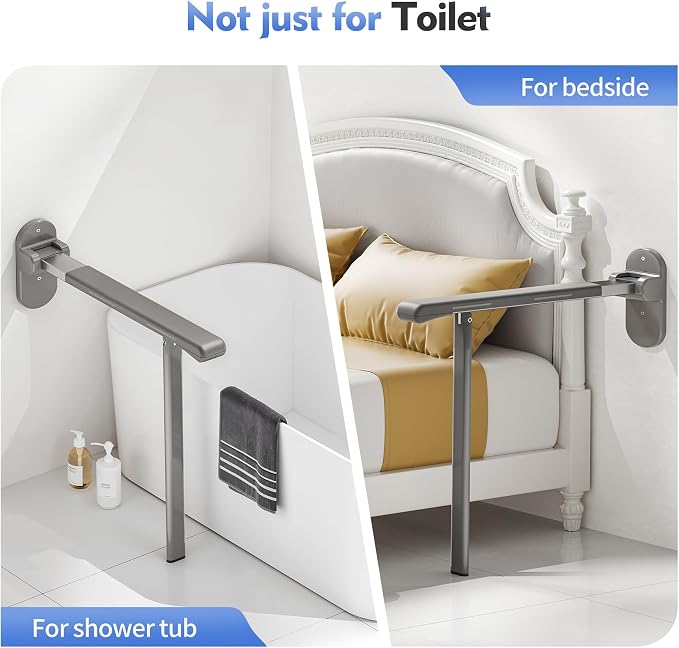 Flip Up Grab Bar with Support Leg, 26.8" high Toilet Safety Rails for Seniors, Wall Mounted Toilet Grab Bars for Disabled and Elderly, Space-Saving Foldable Handicap Bars for Bathroom