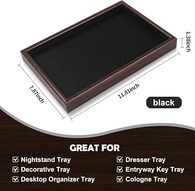 Wooden Valet Tray with Leather Base - Nightstand Catchall Organizer for Cologne, Perfume, Keys, Wallet, Phone, Watch, Jewelry & Sunglasses (2Pcs Black)