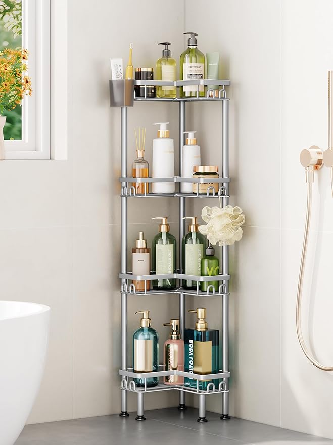HapiRm Standing Shower Caddy Corner - 4 Tier Corner Shower Organizer with Toothbrush Holder and 16 Hooks, Large Capacity Rustproof Bathroom Shelves for Tall Bottles, Silver