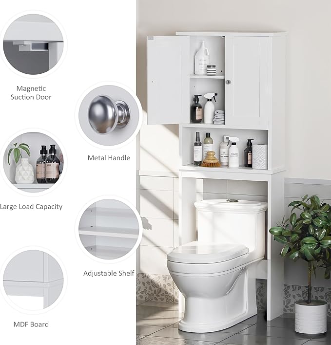 Over the Toilet Storage Cabinet, Bathroom Storage Organizer Over Toilet, Space Saver W/Adjustable Shelf & Open Shelf, White