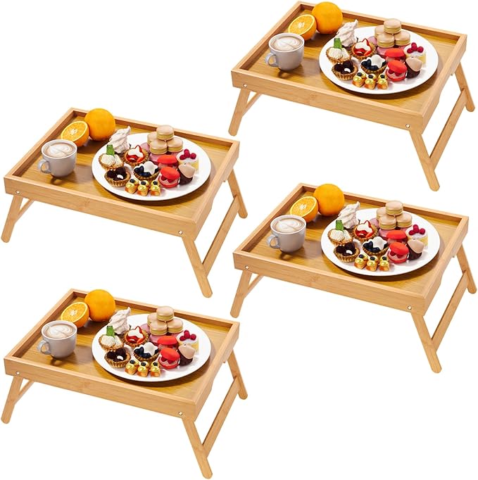 Fibogollo 4 Pack Bamboo Bed Tray Table with Folding Legs,Breakfast Trays,Serving Tray for Food and Snack,Laptop Trays for Working(Natural)