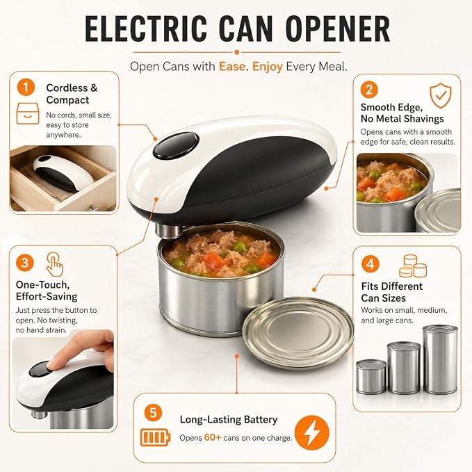 Rechargeable Electric Can Opener - One Touch Automatic, Hands Free Operation Easy Grip for Seniors & Arthritis, Works with All Cans - Cordless, No Sharp Edges
