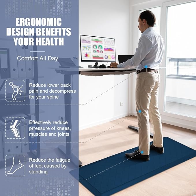 Cushioned Kitchen Mat 2 PCS, Anti Fatigue Kitchen Rugs, Heavy Duty Non-Skid, Ergonomic Comfort Foam Kitchen Floor Mat for Home, Office, Sink, Laundry, Blue