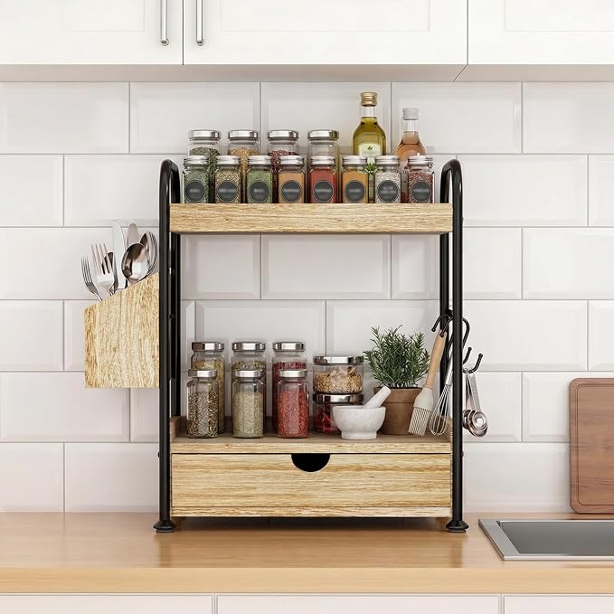 Kottwca 2-Tier Bathroom Counter Organizer with Drawer, Wooden Vanity Skincare Storage Shelf with Thickened Metal Frame, Countertop Shelf with Basket & Hooks for Makeup Organization,Light Brown