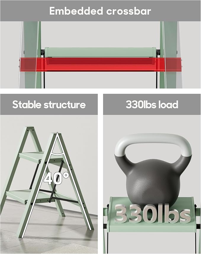 HillhutApex 2 Step Ladder, Lightweight Portable 2 Step Stool with Anti-Slip Wide Pedal, 330lbs Capacity Aluminum Ladder for Household,Office,Library(Pale Green)