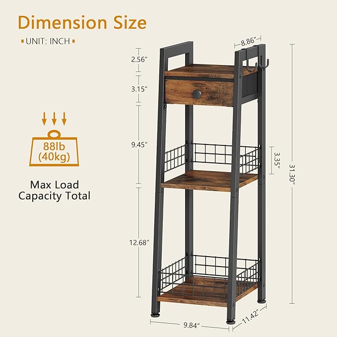 Gewudraw 3-Tier Narrow Ladder Shelf with Drawer, Bathroom Table Stand for Small Space, Narrow Bathroom Standing Shelves with Storage for Living Room Bedroom Kitchen, Organizer Shelf, Rustic Brown